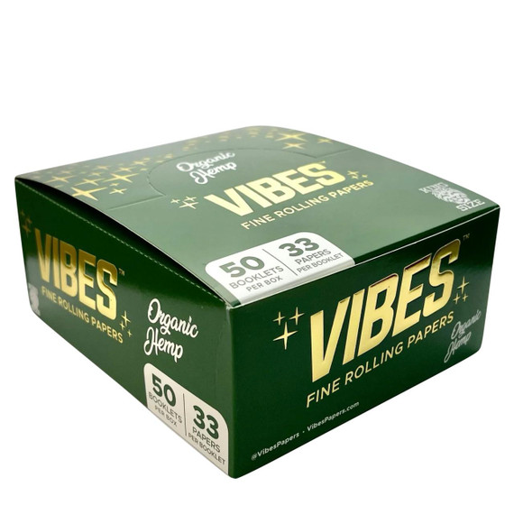 Vibes Rolling Paper VIBES Organic Hemp Rolling Papers Kingsize Slim 50ct, green box with gold and white text showing product features.
