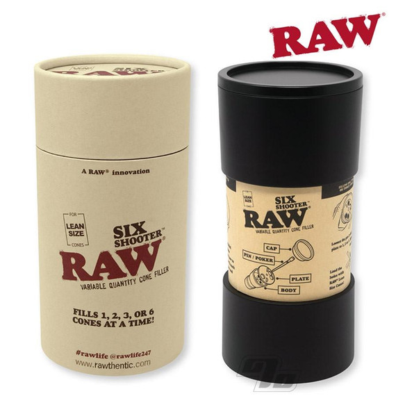 RAW Six Shooter Lean Size Cone Filler, a portable container used for filling cones with raw cannabis or herbs in bulk.