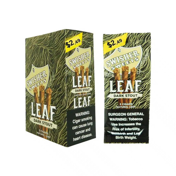 Swisher International Swisher Sweets Leaf Cigar Dark Stout 10/3Ct, packaging of natural leaf cigars with dark stout flavor, featuring bold black and green design with warning labels and price of $2.49.