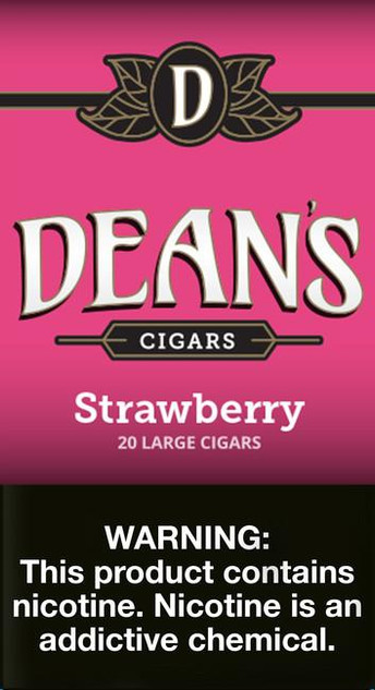 Deans Cigars Deans Large Filtered Cigars Strawberry, product packaging featuring pink background with brand logo and warning label about nicotine content.