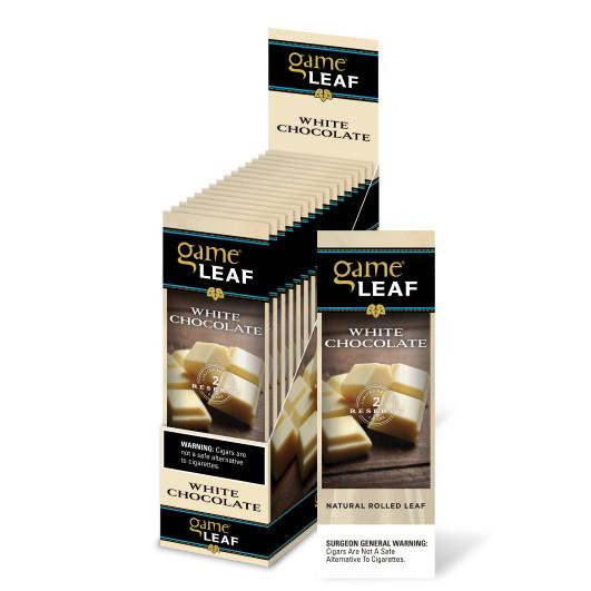 Swedish Match Game Leaf Cigars White Chocolate 15/2, display box with individually packed white chocolate-flavored leaf cigars showing white and brown layered design.