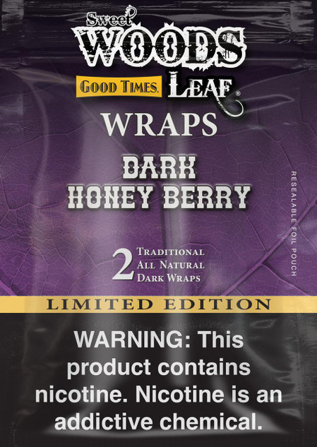 Good Times Sweet Woods Dark Honey Berry Wraps, package of 30 packs of 2 with dark purple leaf design and warning label about nicotine content.