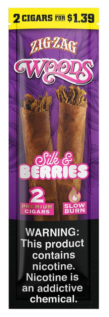 Product Republic Group Zig Zag Natural Leaf Woods Cigars Silk & Berries 15 Pouches of 2, image of two cigars with a purple background and flavor branding.