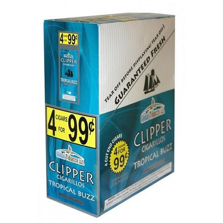 Global Tobacco Clipper Cigarillos Tropical Buzz 15 Pouches of 4, retail packaging box with colorful branding and promotional offers.