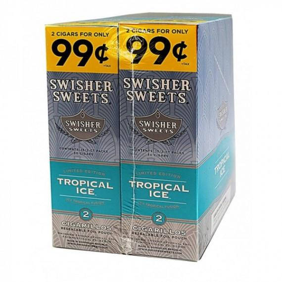 Swisher International Swisher Sweets Cigarillos Foil Tropical Ice 30 Pouches of 2, image of the product packaging featuring blue and yellow design with the brand and flavor clearly visible.