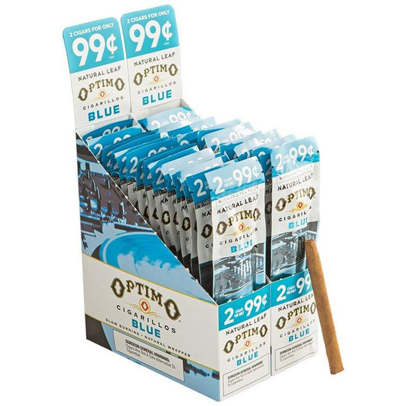 Swisher International Optimo Cigarillos Foil Pack Blue 30 Packs of 2, display of multiple cigarillo packs in a branded cardboard box.
