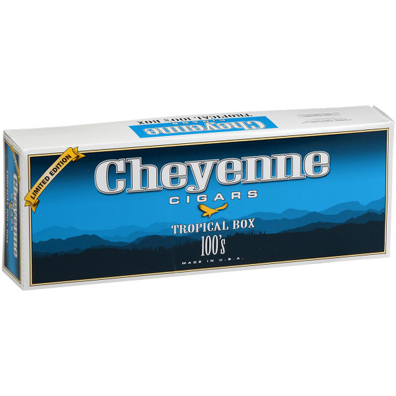 Cheyenne International Cheyenne Filtered Cigars Tropical 10/20 Packs, limited edition box with a blue mountain landscape design and a yellow logo.