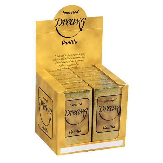 Kretek International Dreams Filtered Cigars Sweet Aromatic Blend, packaging of vanilla flavored cigarettes in a yellow box with a clear window showing individual wrapped cigars.