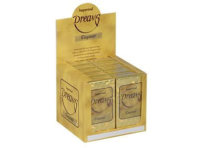 Kretek International Dreams Filtered Cigars Columbian blend, display of gold packaging with individual cigar boxes inside.