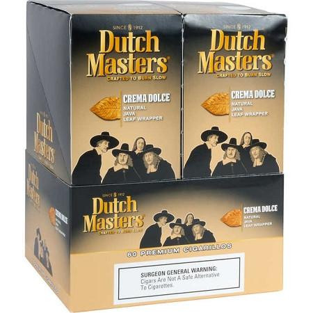 Dutch Masters Cigarillos Crema Dolce Foil 20/3, a box of premium cigarillos with Dutch Masters branding and images of four people wearing hats.