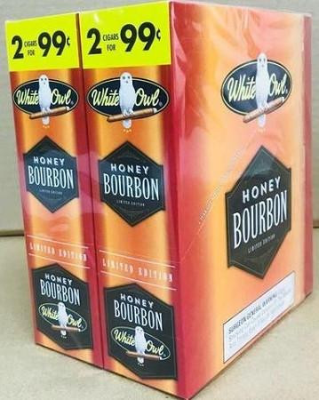 Swedish Match White Owl Cigarillos Honey Bourbon 30 Pouches of 2, retail packaging with two boxes showing the product branding and flavor.