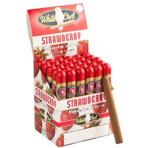 Swedish Match White Owl Blunts Xtra Strawberry Cigars 30ct, display of 30 strawberry-flavored blunts with a single blunt placed beside the box for display.