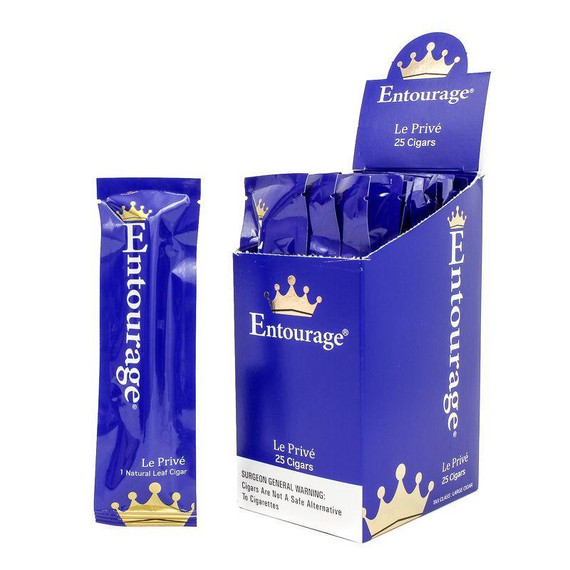 National Almond Honey Entourage Cigars Le Prive 25Ct, blue packaging and individual cigar wrapper with gold crown logo.