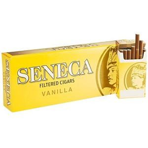 Seneca Manufacturing Seneca Filtered Cigars Vanilla, box of vanilla flavored filtered cigars with a carton and some cigars displayed.
