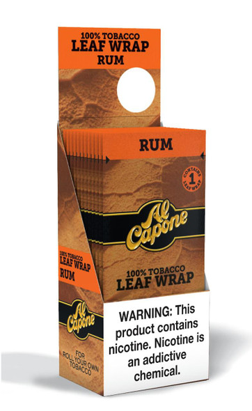 Al Capone Leaf Rum 12/1, orange and black tobacco leaf wrap product packaging with warning label about nicotine content.