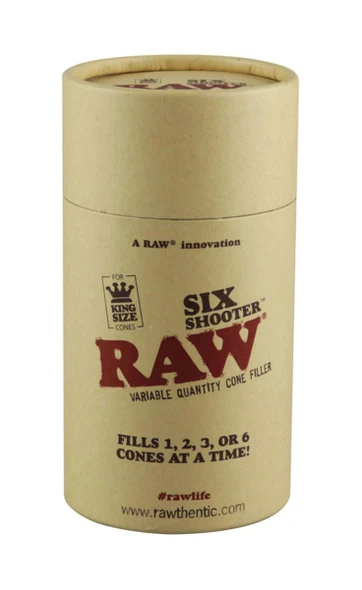 RAW Six Shooter Kingsize Cone Filler, a cylindrical container for filling multiple cones with a variable quantity, suitable for rolling kingsize cones at once.