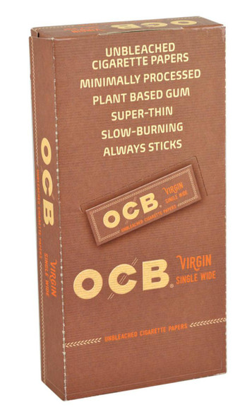 Republic Group OCB Virgin Rolling Papers, packaging box of unbleached cigarette papers made from plant-based gum, featuring sizes available for easy rolling.