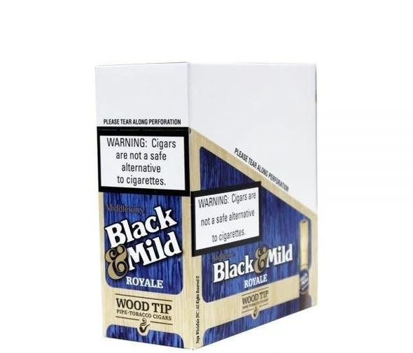 John Middleton Black & Mild Royale Wood Tip Pack, image showing a box of cigars with warning labels.
