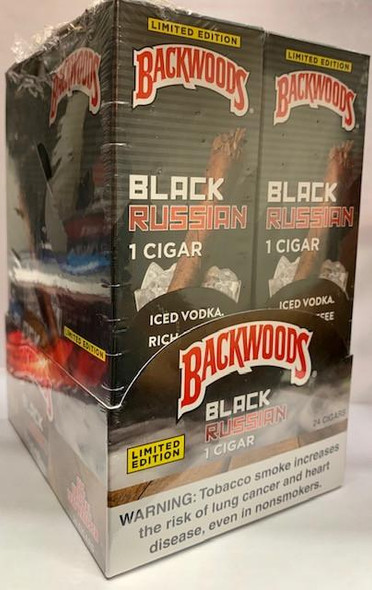 Altadis Backwoods Black Russian Cigars 24ct, boxed pack of black Russian flavored cigars with a cigar graphic and limited edition label.