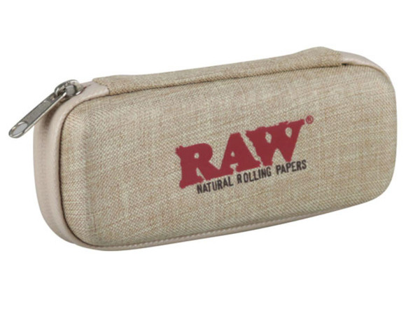 RAW Cone Wallet 5x2, beige color storage case with red RAW logo and black text for natural rolling papers.