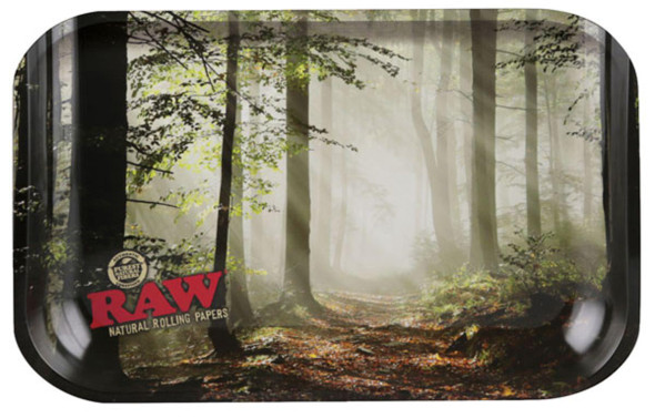 RAW Rolling Tray - Forest Design, product with a woodland scene featuring tall trees and fog, ideal for rolling herbs.