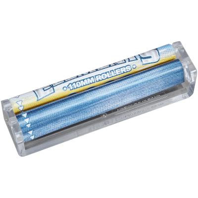 RAW Elements Cigarette Rolling Machine 110MM, compact blue and white manual rolling machine in clear plastic case.