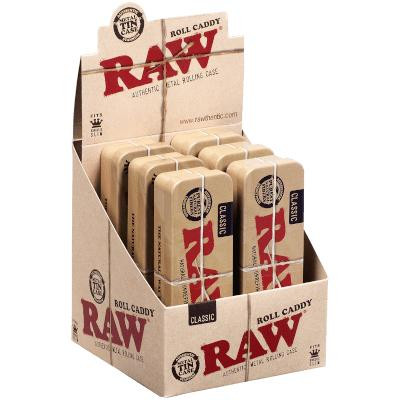 RAW Classic King Size Tins Caddy, display of multiple beige metal rolling tins in a cardboard display box with brand and product labels.