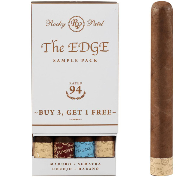 Rocky Patel The Edge Toro B3G1 4 Ct. Sampler, box with four cigars wrapped in colorful bands, and one unwrapped cigar with brown wrapper.