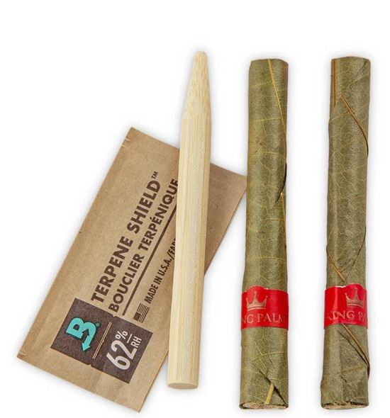 King Palm Wraps King Palm Slim Rolls Magic Mint 20Ct/2, image of pre-rolled cigar wraps with two rolls wrapped in leaf and a packaging accessory.