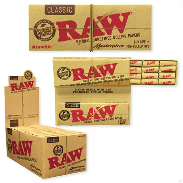 RAW Raw Classic Masterpiece King Size Slim plus Pre-Rolled Tips, cigarette rolling papers with pre-cut tips in cardboard packaging, featuring the RAW logo and product description.