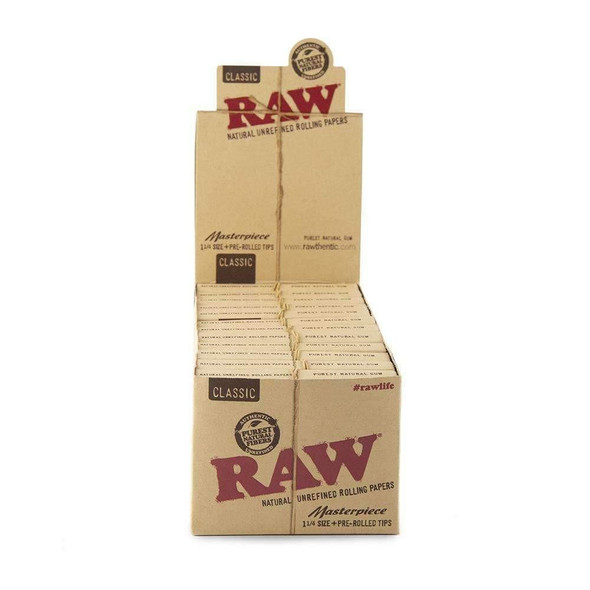 RAW Raw Classic Masterpiece 1 1/4 + Pre-Rolled Tips, display of natural unrefined rolling papers and pre-rolled tips in a cardboard box.
