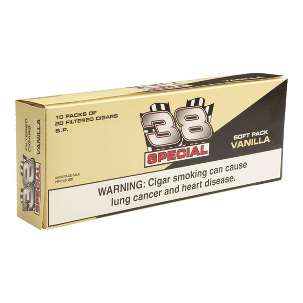 Thirty Eight Special Filtered Cigars, boxed package of 10 packs with 20 filtered cigars each, soft pack vanilla flavor, and warning label about health risks.