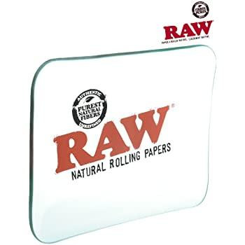 RAW Double Thick Glass Rolling Tray, clear rectangular glass rolling tray with RAW logo printed on it.