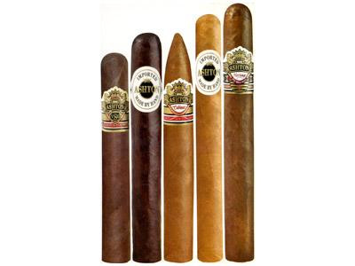 Ashton Cigars Ashton Cigar Sampler 5ct Box, featuring five different cigars with varying shades of brown and different sizes.