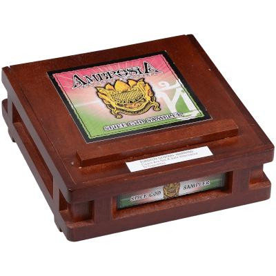 Ambrosia Cigar Sampler 8 Ct. Box, a wooden box containing a selection of cigars with a colorful label on top featuring a dragon illustration