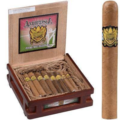 Ambrosia Cigar Sampler 8 Ct. Box, an image showing a wooden box with eight cigars neatly arranged inside and a single cigar standing upright beside the box.
