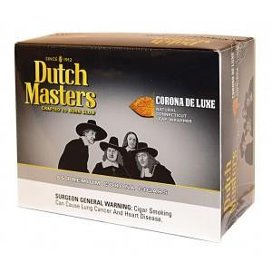 Altadis Dutch Masters Corona Deluxe Cigars Box, a rectangular box with black, gold, and white packaging featuring the brand name and an image of four men in black hats.