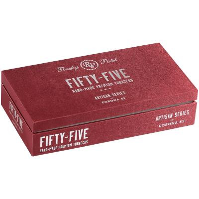 Rocky Patel Fifty-Five Cigars Corona 20 Ct. Box, a red rectangular box featuring the Rocky Patel logo and branding for premium handmade cigars, part of the Artisan Series.