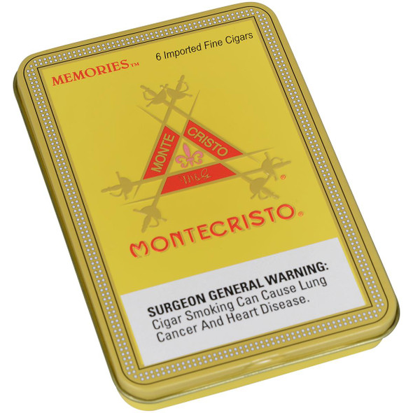 Montecristo Memories Cigars 5/6 Tins 4.00X33, yellow tin packaging with Montecristo logo and warning label.