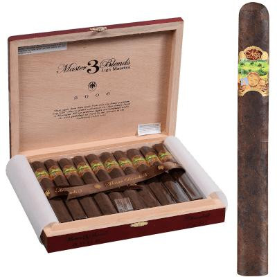 Master Blends by Oliva Cigars Churchill 20 Ct. Box 7.00X50, image showing an open wooden cigar box filled with 20 cigars and a close-up of a single cigar with colorful band.