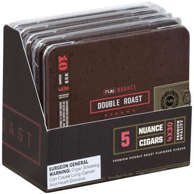 Nub Nuance Double Roast Cigarillo 5/10 Tins 4.00X30, package of double roast cigarillos in a black and red box displaying the product name and quantity.