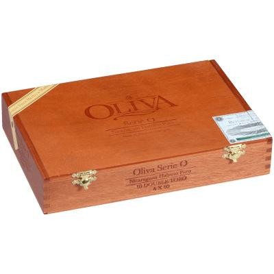 Oliva Serie O Cigars Double Toro 10 Ct. Box 6.00X60, a wooden cigar box with a latch and the brand name engraved on the top, showcasing a premium packaging design.