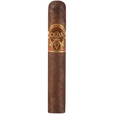 Oliva Serie V Cigars Double Toro 24 Ct. Box, close-up of a single cigar showing its dark brown wrapper and gold-embossed label.
