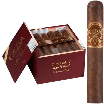 Oliva Serie V Cigars Double Toro 24 Ct. Box, opened with cigars inside and one cigar standing upright next to the box.