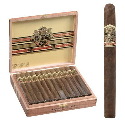 Ashton Cigars Ashton VSG Illusion Cigar Lonsdale 20Ct. Box, an open wooden box filled with neatly arranged cigars and a single cigar standing upright beside the box.