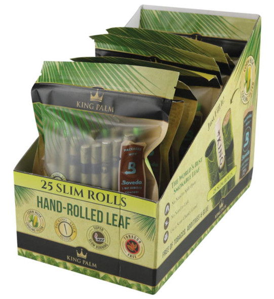 King Palm Wraps King Palm Slim Rolls 25ct / 8pc Display, display of hand-rolled leaf wraps in green and black packaging inside a cardboard box.