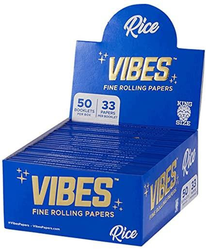 Vibes Rolling Paper VIBES Rice Rolling Papers Kingsize Slim 50ct/33, display box of rolling papers with blue color and gold lettering.