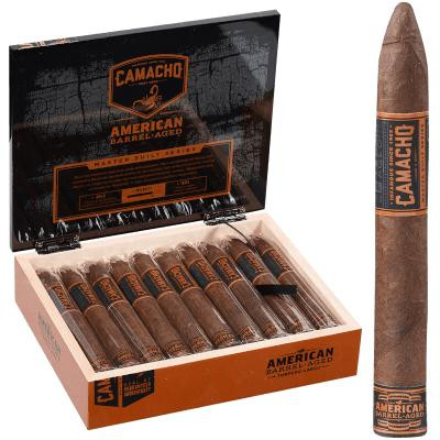 Camacho American Barrel-Aged Cigar Torpedo Larga 20 Ct. Box, featuring a partially opened box showcasing the individually packed cigars and one cigar standing upright beside the box, emphasizing the product's packaging and design.