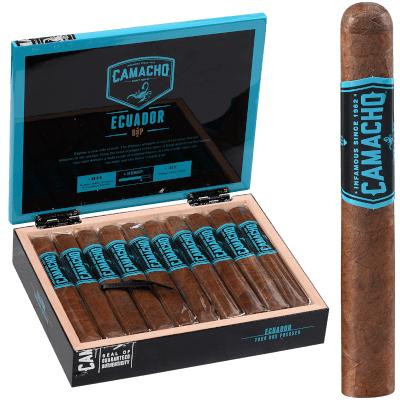 Camacho Ecuador Bxp Cigar Toro 20 Ct. Box, opened cigar box displaying cigars with blue and black branding and one cigar outside the box showing its band.
