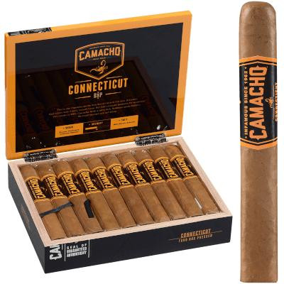 Camacho Connecticut Bxp Cigar Toro 20 Ct. Box, featuring a collection of premium cigars inside an open box with a black and orange design and a single cigar displayed outside the box.